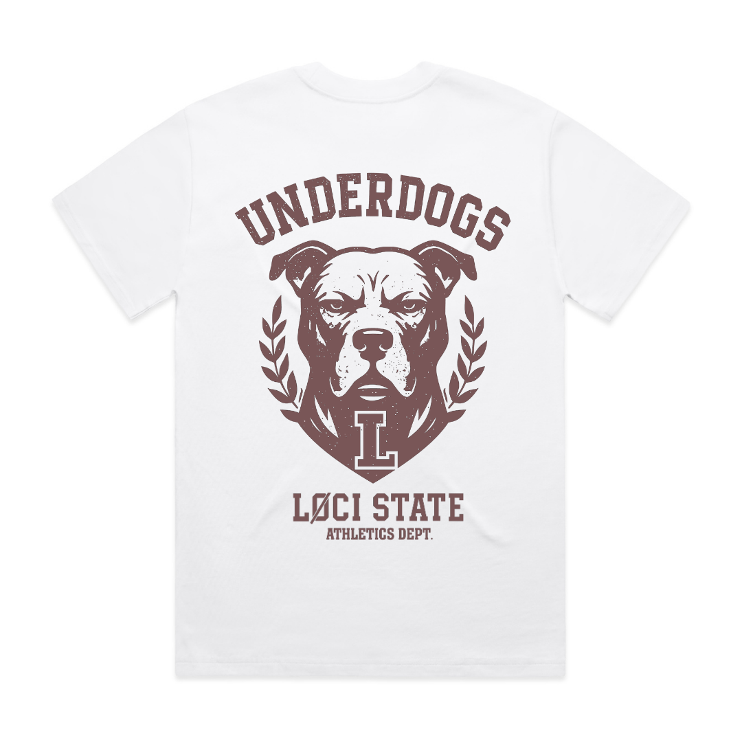 White t-shirt with brown graphic of a dog and text on a white background