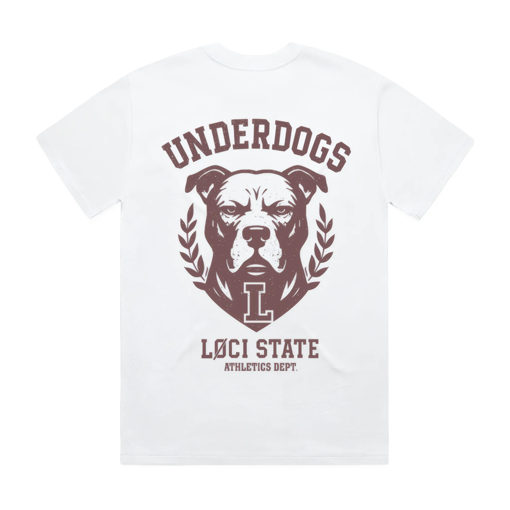White t-shirt with brown graphic of a dog and text on a white background