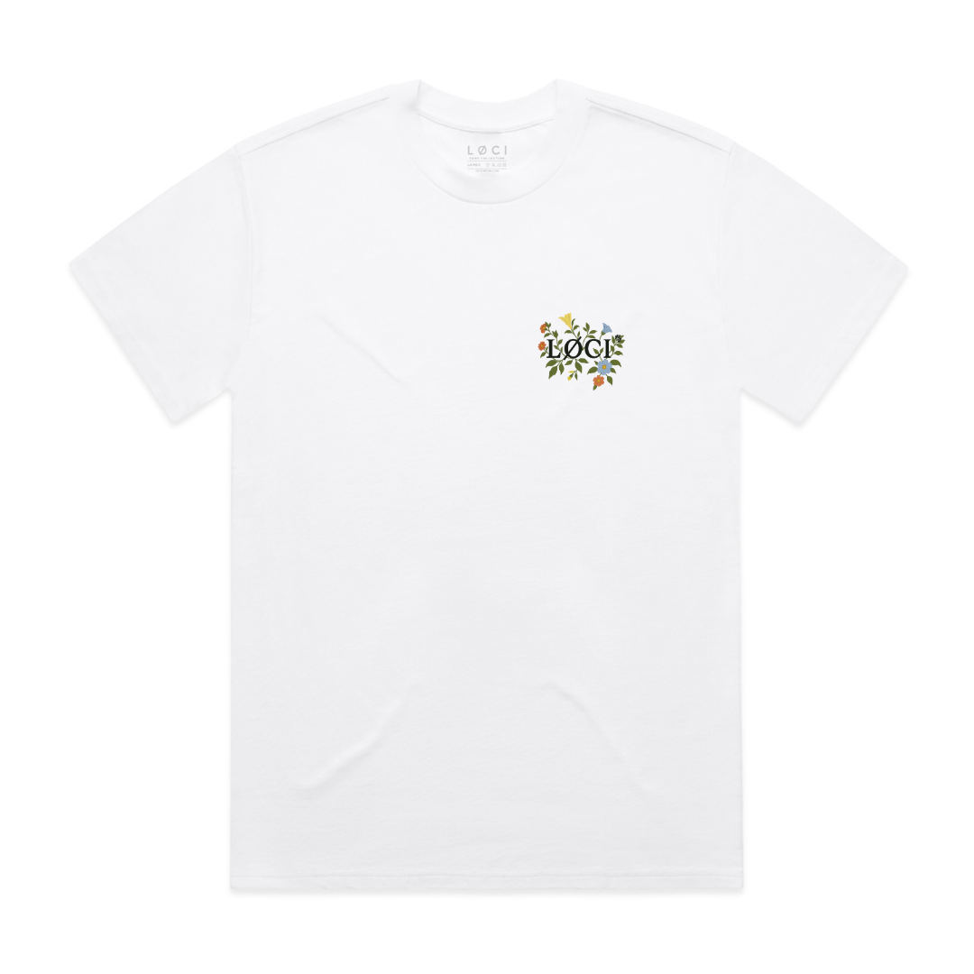 White t-shirt with a colorful logo on a white background