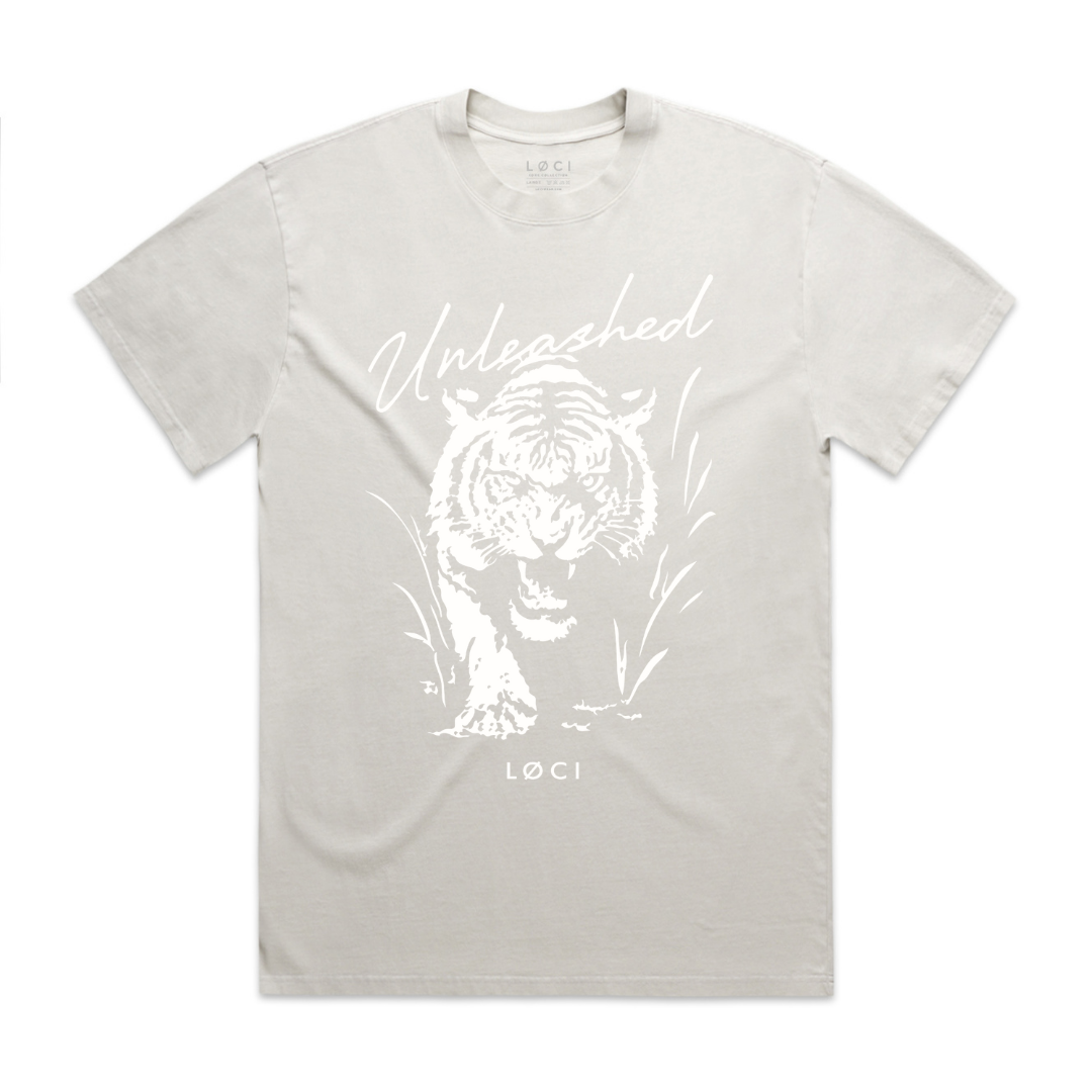 Gray t-shirt with white tiger graphic and 'Loci' branding on a white background