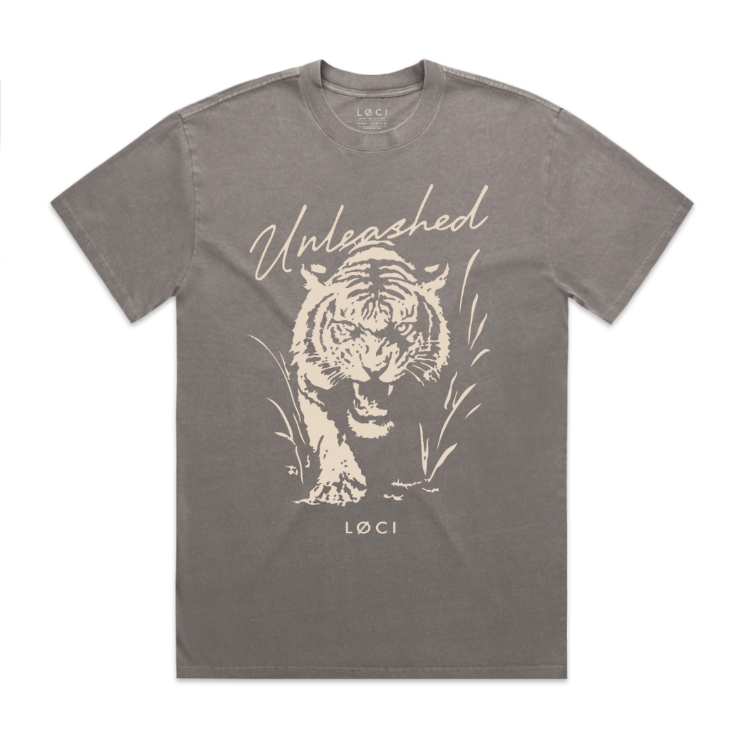 Gray t-shirt with a tiger graphic and 'Unleashed' text on a white background