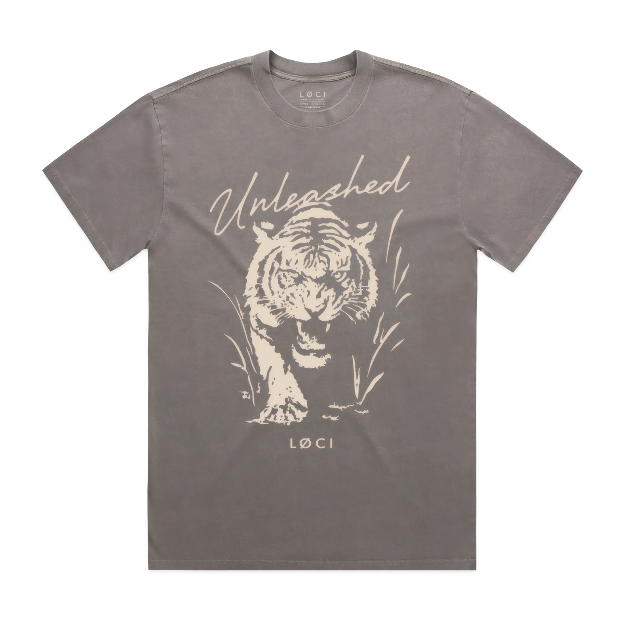 Gray t-shirt with a tiger graphic and 'Unleashed' text on a white background
