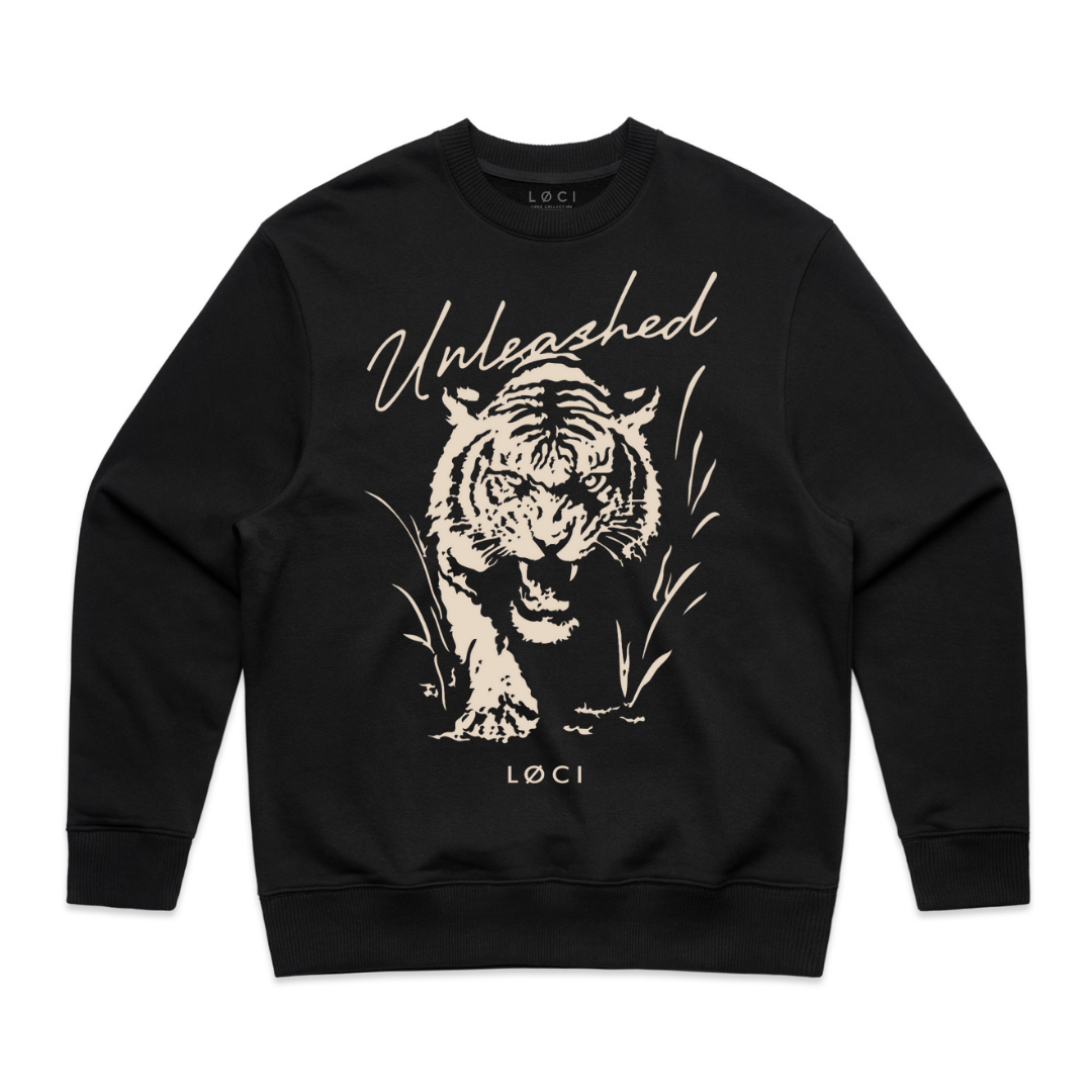 Black sweatshirt with a tiger graphic and 'Unleashed' text on a white background