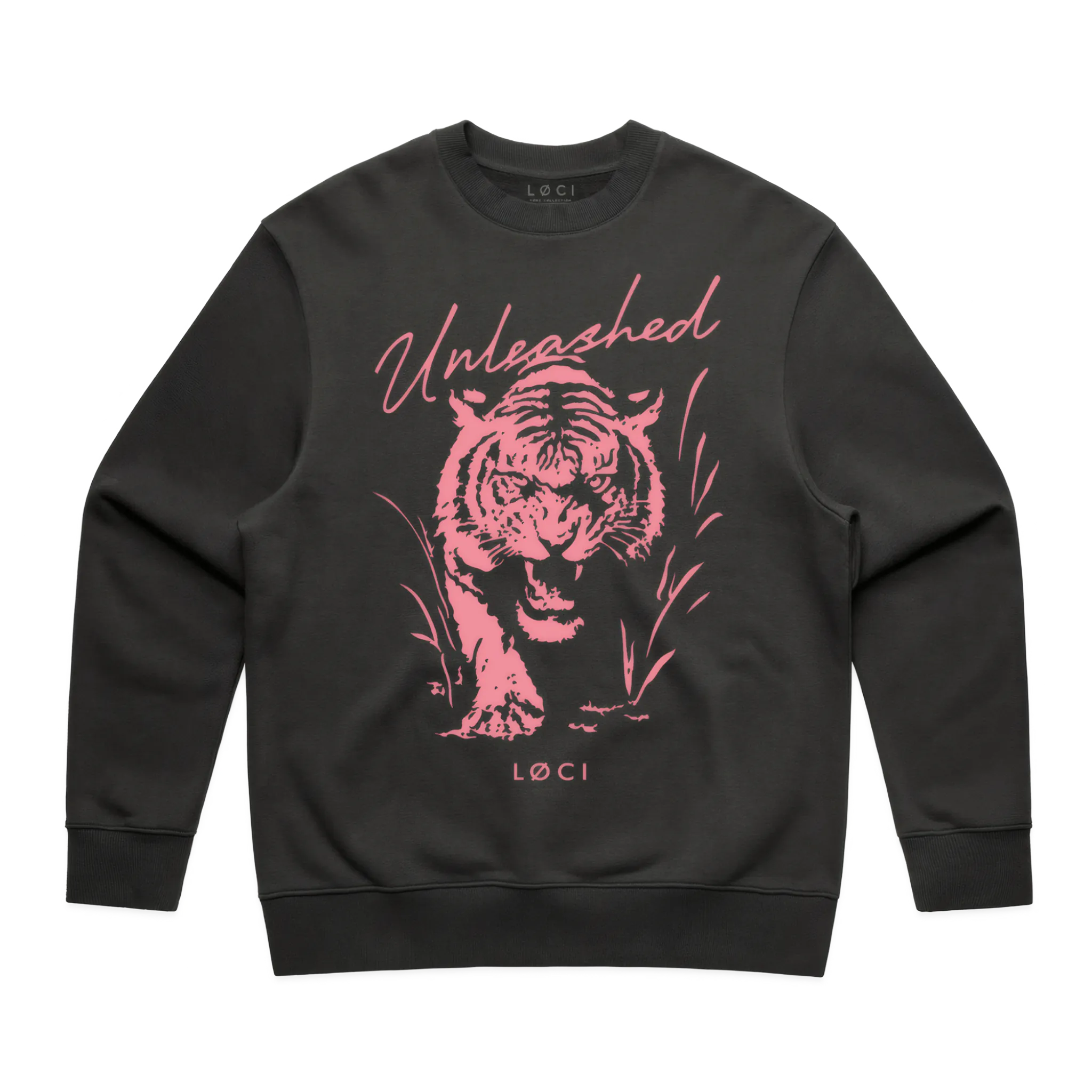 Black sweatshirt with pink tiger graphic and 'Unleashed' text on a white background