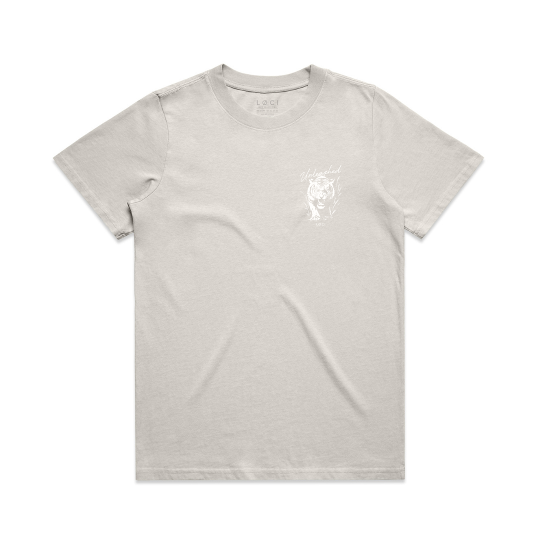 Light gray t-shirt with a small white logo on a white background
