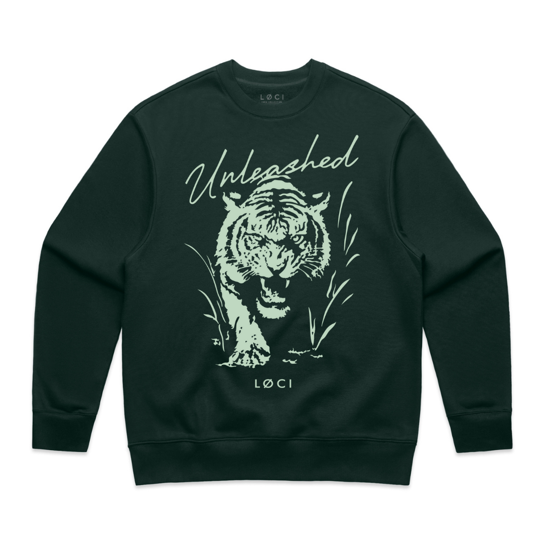 Dark green sweatshirt with a tiger graphic and 'Unleashed' text on a white background