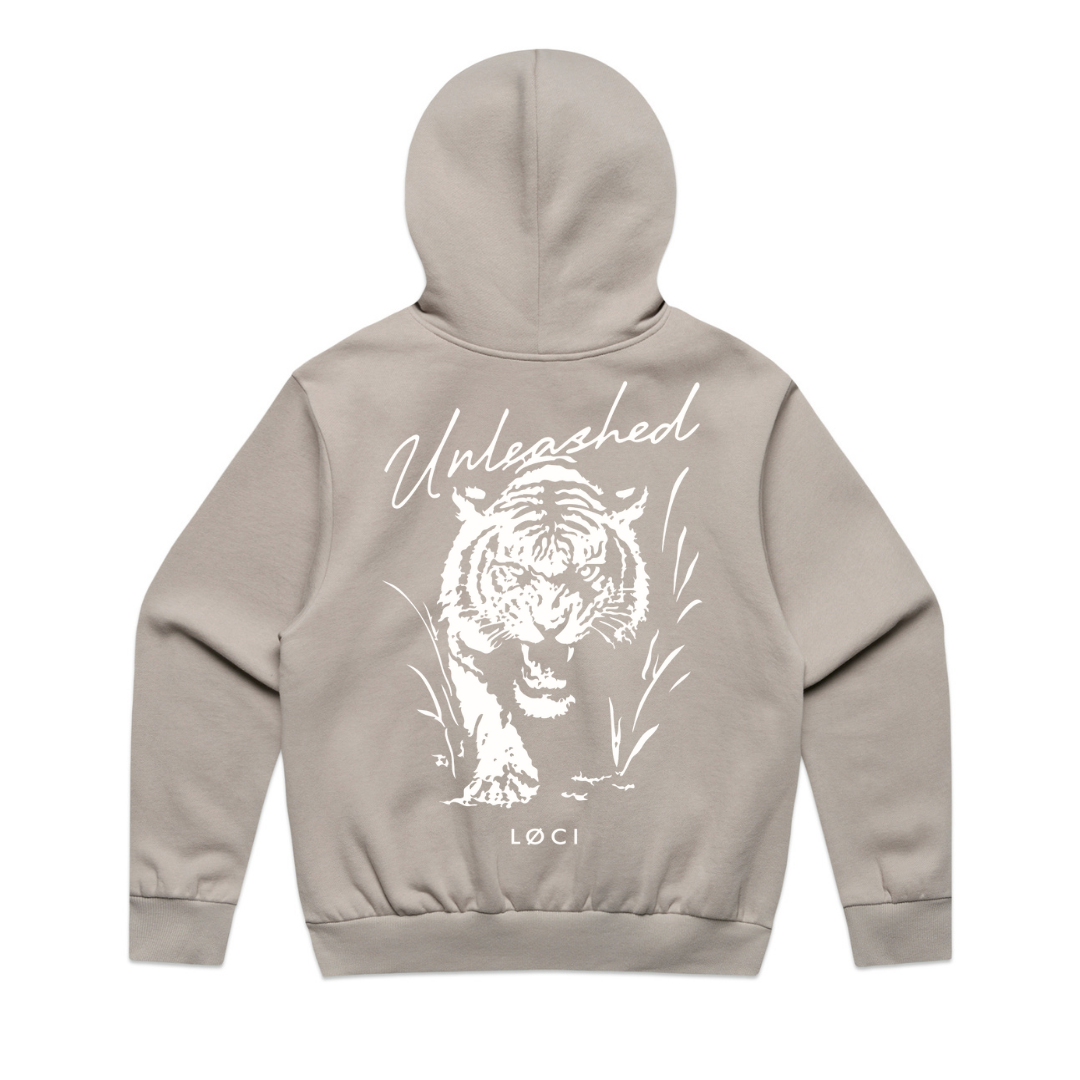 Beige hoodie with a white tiger design and 'Unleashed' text on the back, on a white background.