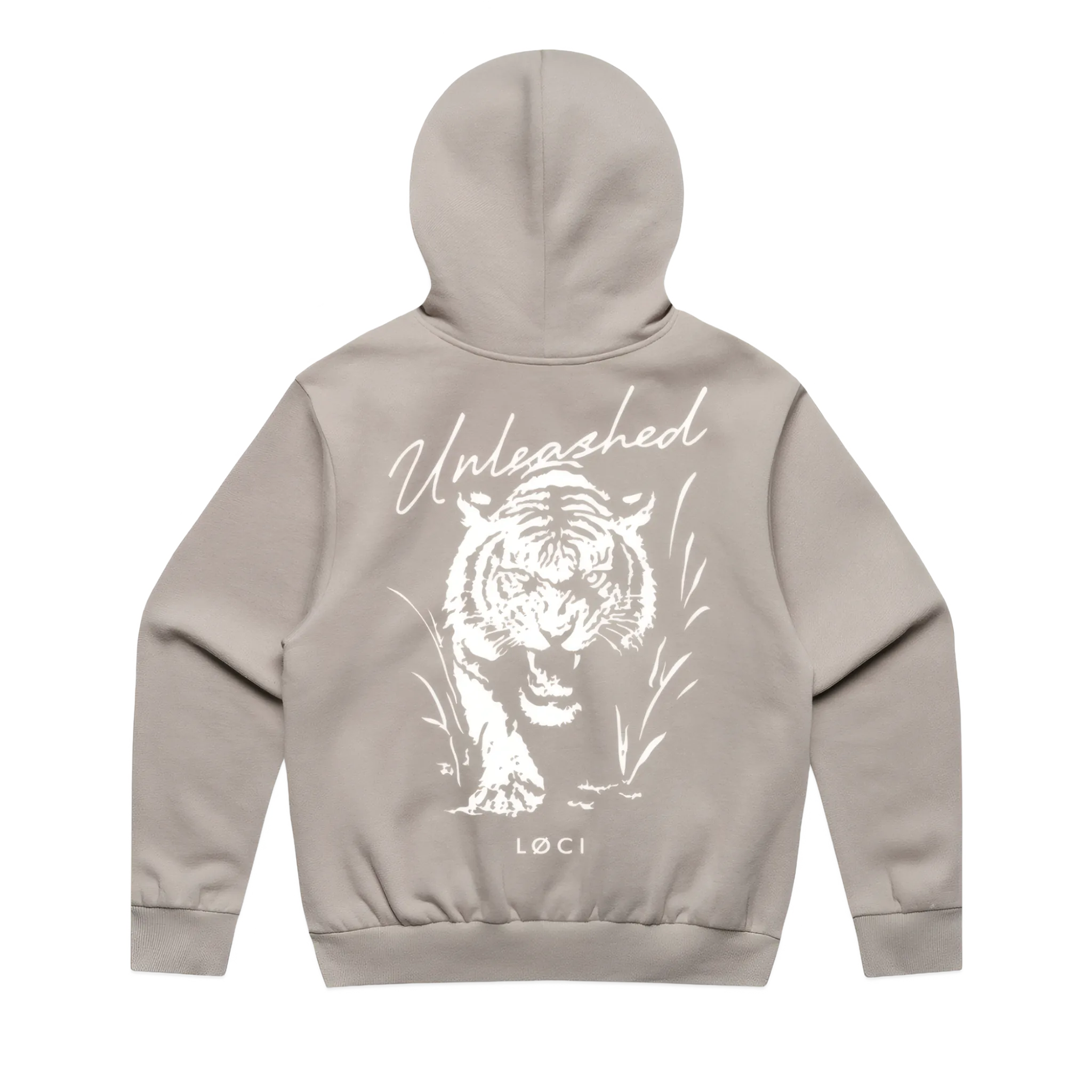 Beige hoodie with a white tiger design and 'Unleashed' text on the back, on a white background.