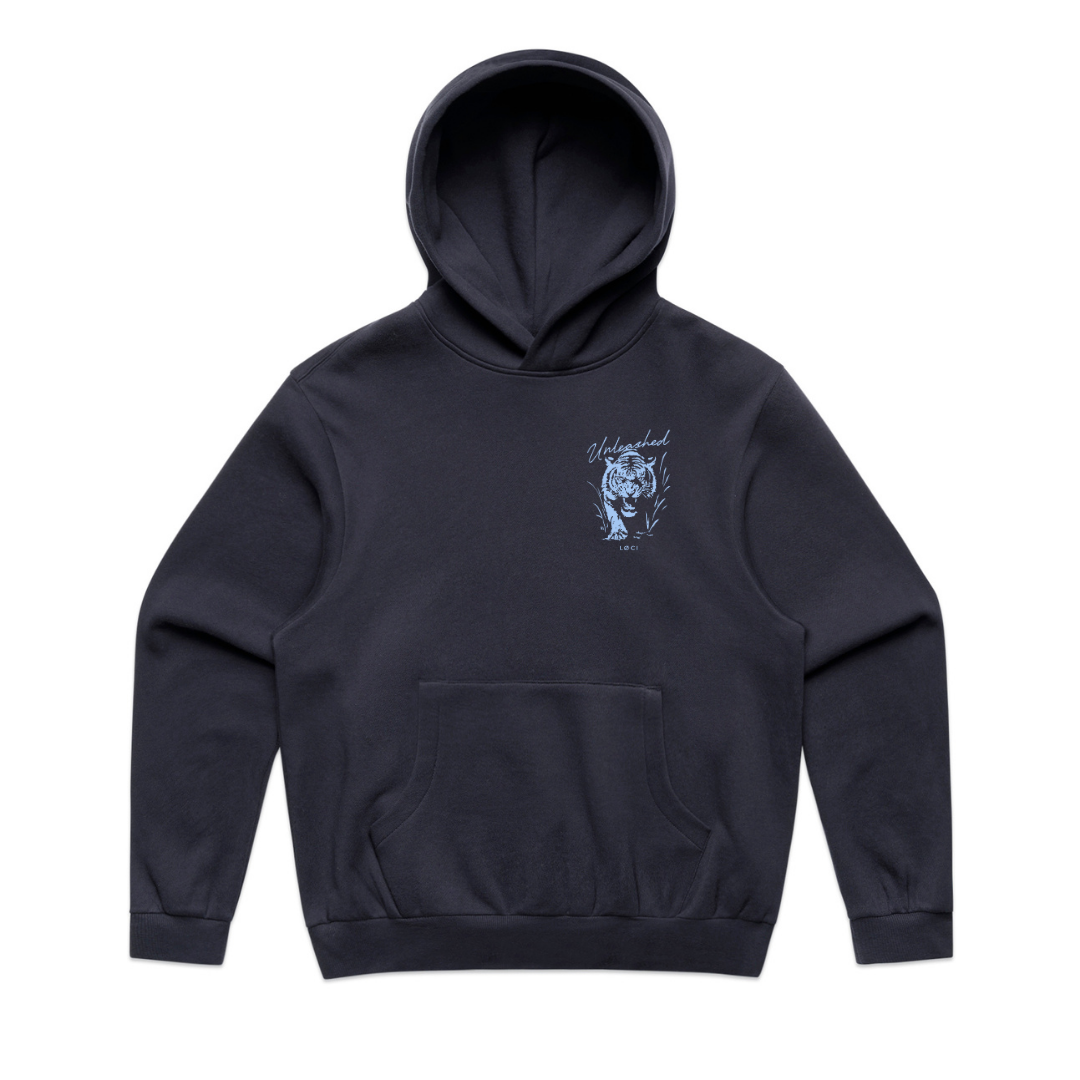 Black hoodie with a small graphic on the chest against a white background