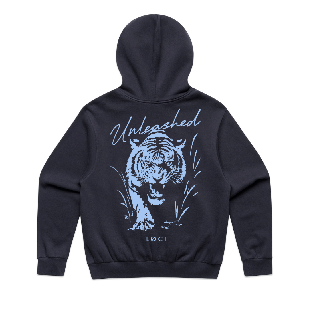 Black hoodie with a tiger graphic and 'Unleashed' text on the back, on a white background.