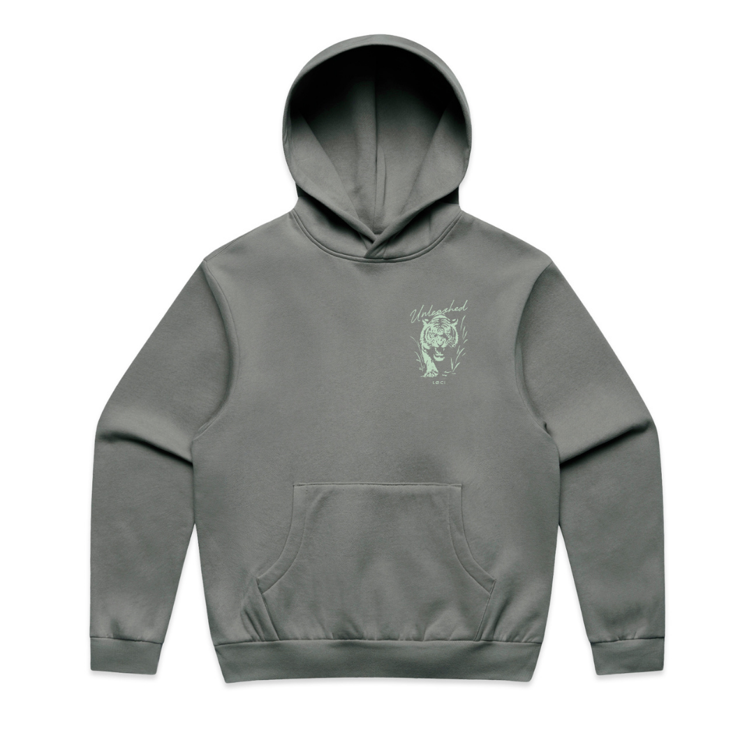 Gray hoodie with a small graphic on the chest against a white background