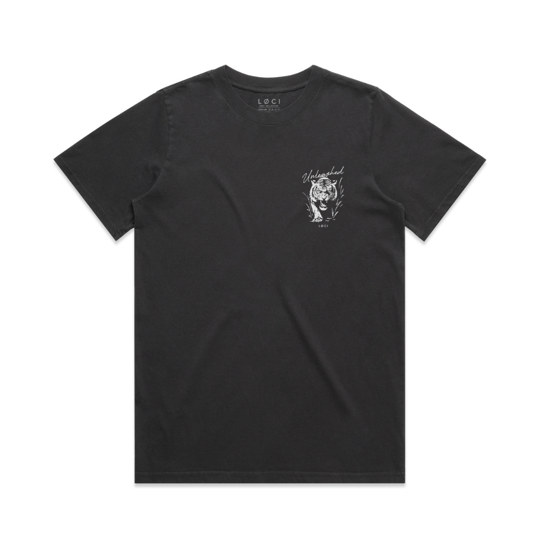 Black t-shirt with a white tiger graphic on a white background