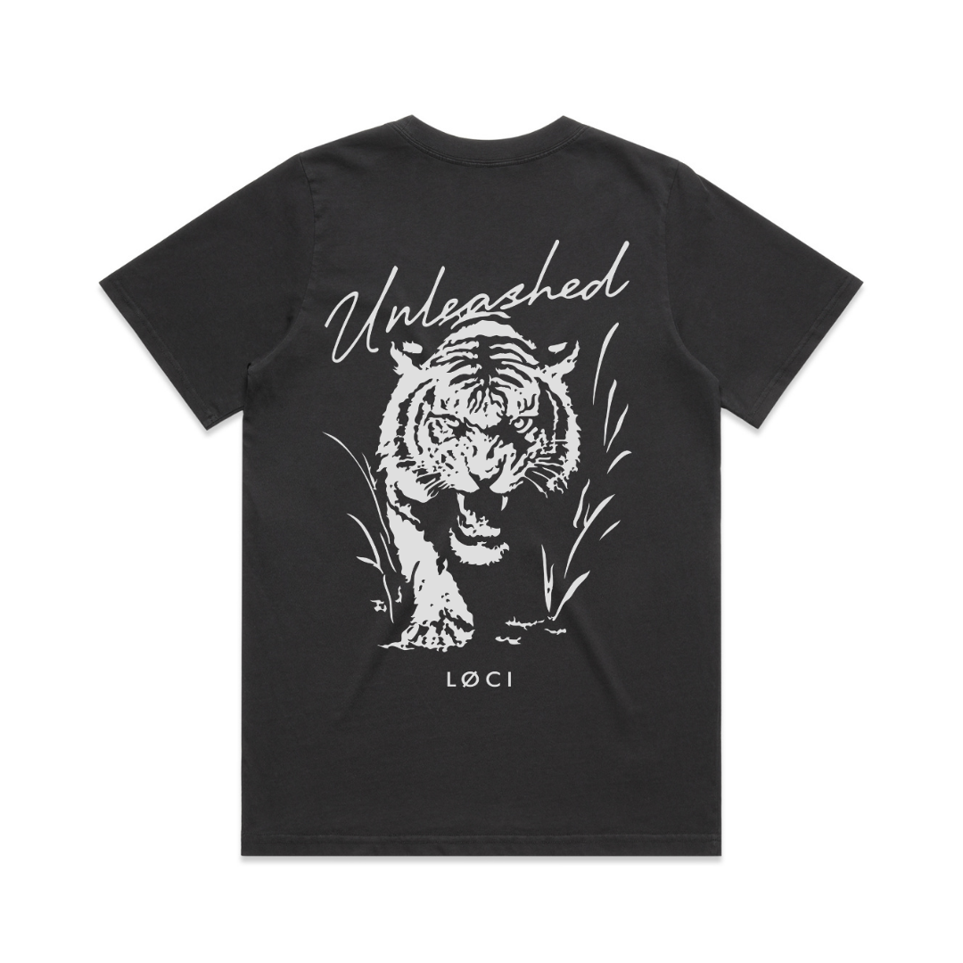 Black t-shirt with a white tiger graphic and 'Unleashed' text on a white background