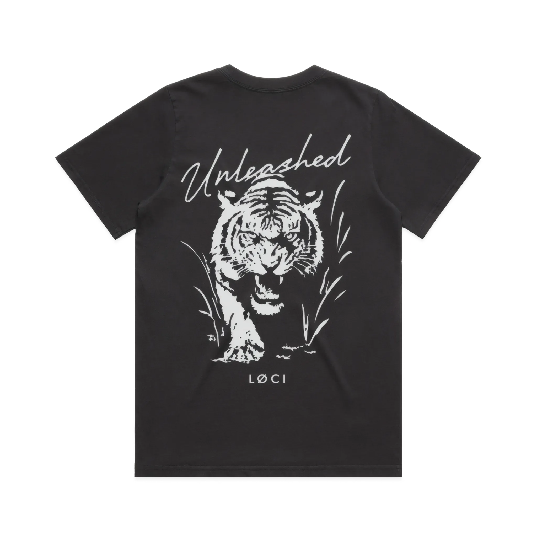 Black t-shirt with a white tiger graphic and 'Unleashed' text on a white background