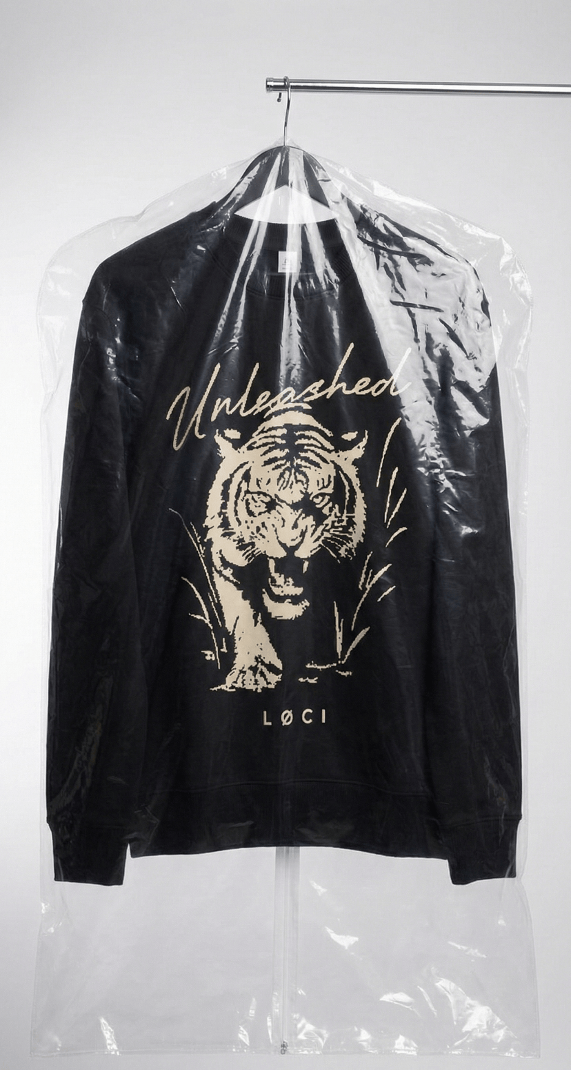 Black sweatshirt with a tiger graphic and text on a hanger