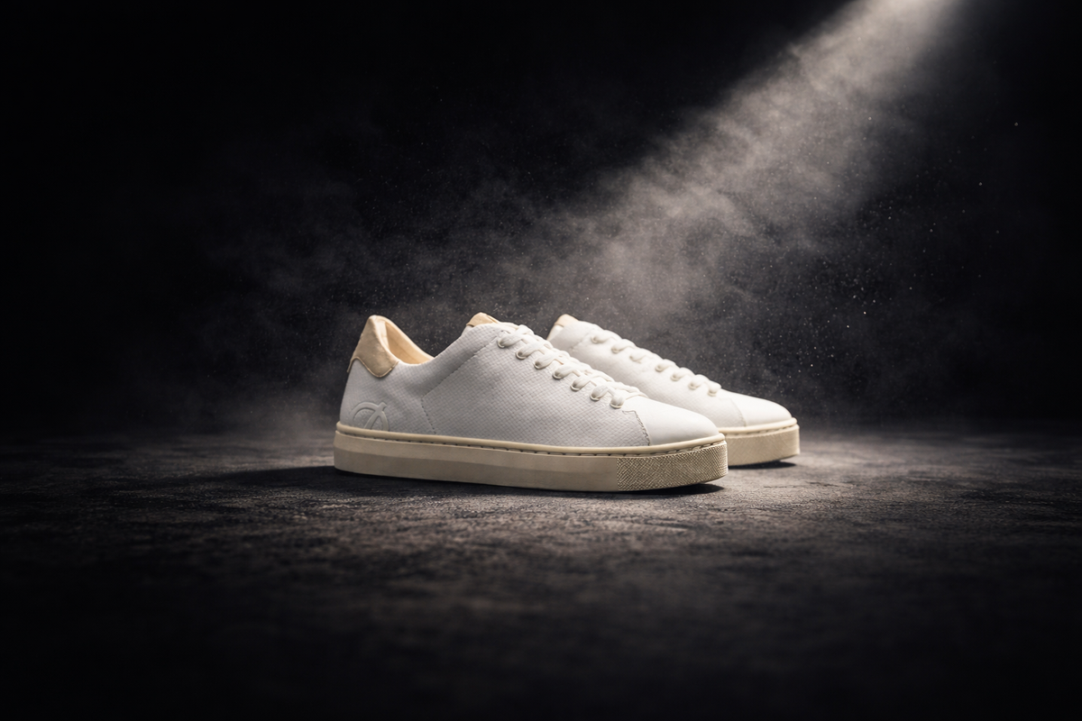 A pair of white LØCI sneakers under a spotlight